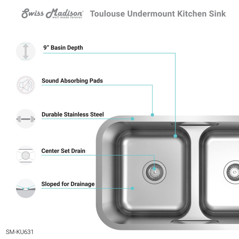 Toulouse 32 x 19 Low Divide Stainless Steel, Dual Basin, Under-Mount Kitchen Sink
