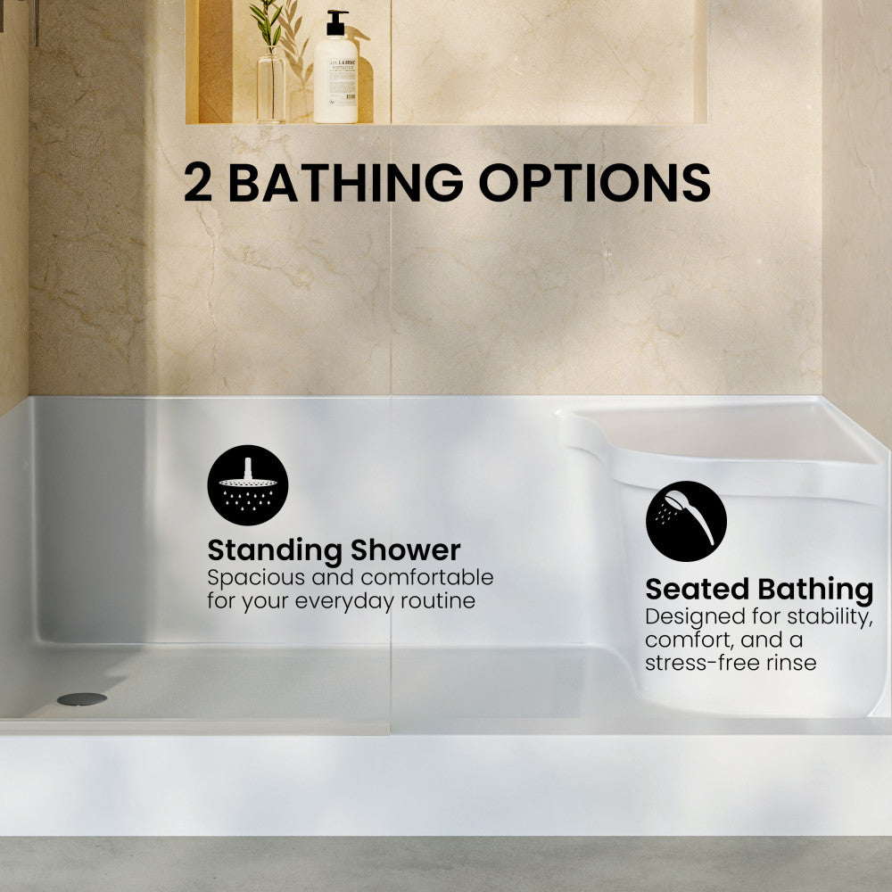 Aquatique 60" x 32" Single Threshold Shower Base With Left Hand Drain and Integral Right Hand Seat in White