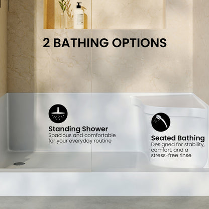 Aquatique 60" x 32" Single Threshold Shower Base With Left Hand Drain and Integral Right Hand Seat in White