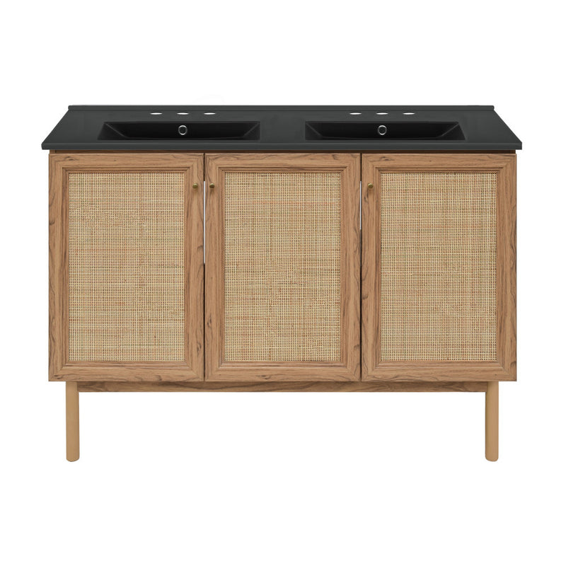 Classe 48 in. Brown Oak, Double Basin Bathroom Vanity With Black, 3-Hole Ceramic Sink Top