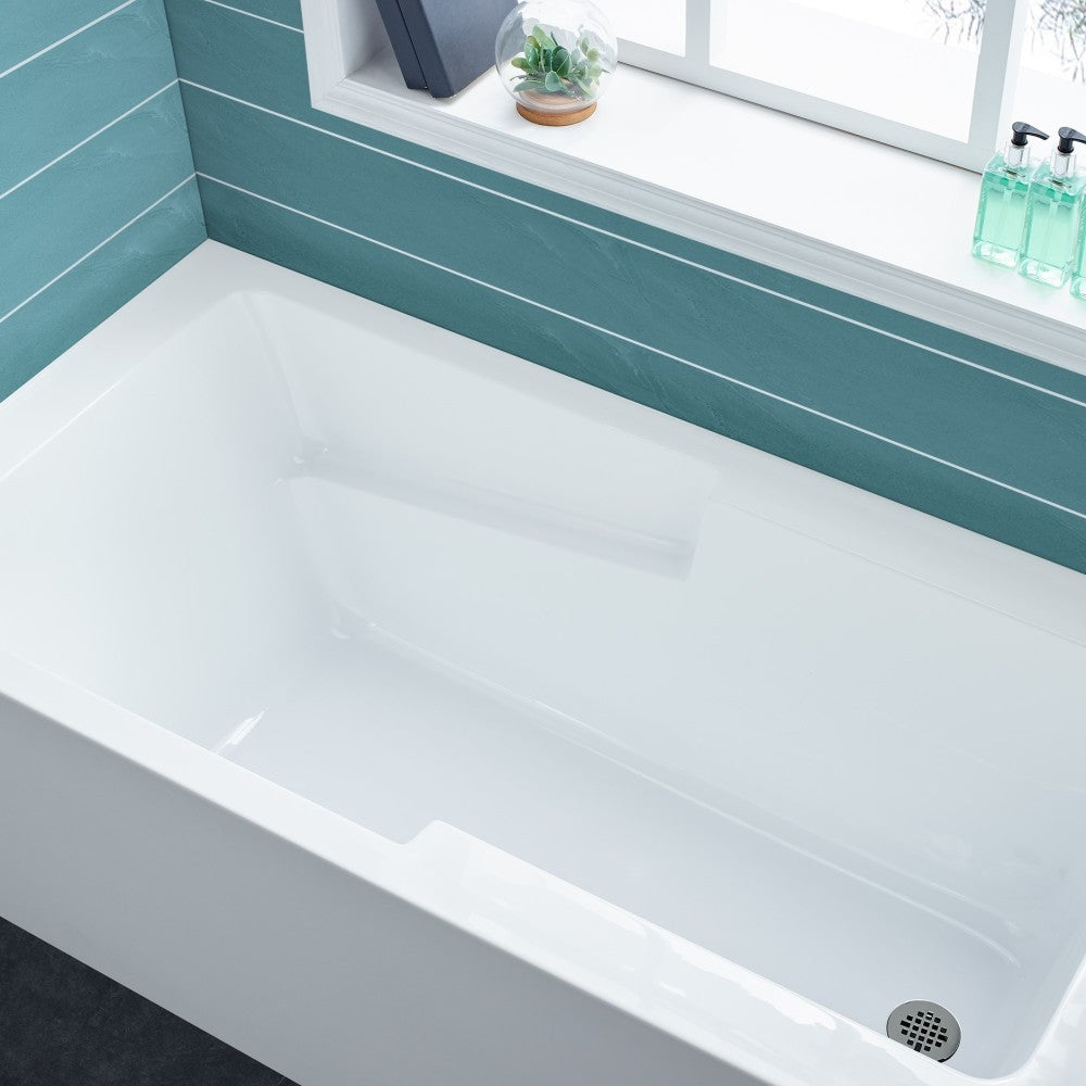 Apron front alcove bathtub 60 inch with left-hand drain and built-in armrest.
