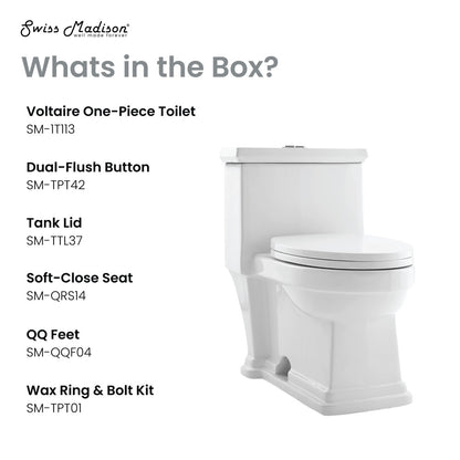 Elongated one-piece toilet with dual-flush button and soft-close seat in white ceramic.