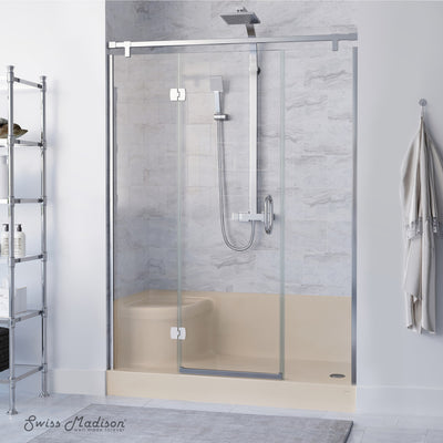 Aquatique 60" x 32" Single Threshold Shower Base With Right Hand Drain and Integral Left Hand Seat in Biscuit