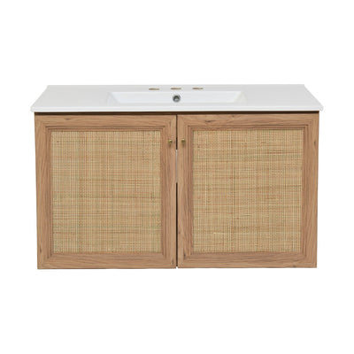 Classe 36 in. Brown Oak Wall Hung Bathroom Vanity With White, 3-Hole Ceramic Sink Top