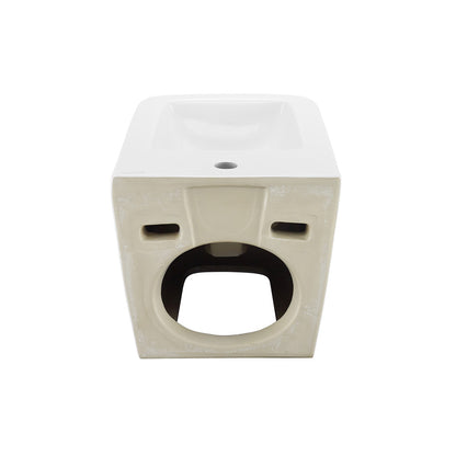 Wall-hung bidet in white ceramic, classic design, rear and side water inlet ports visible.