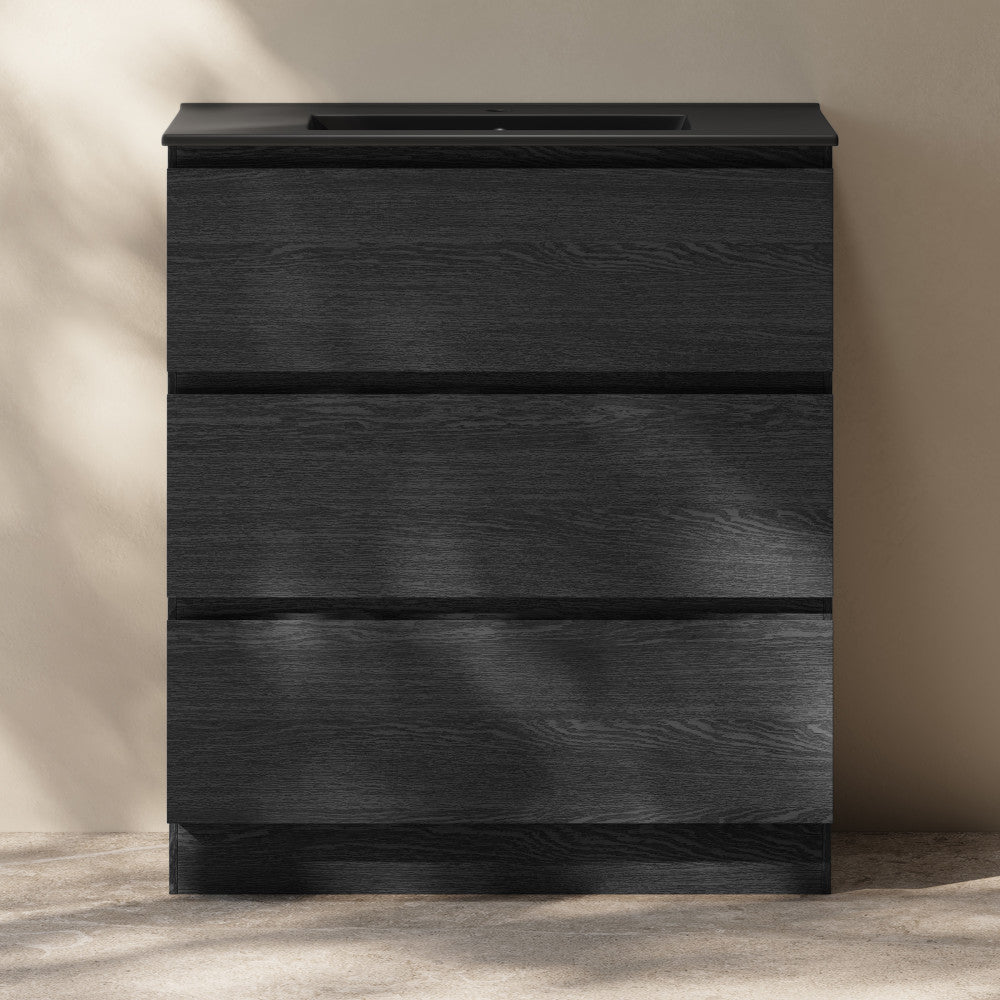 Liberte 30" Freestanding Bathroom Vanity in Black Oak with Black Sink Top