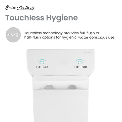 Elongated one-piece square toilet, dual-flush with touchless sensor buttons.