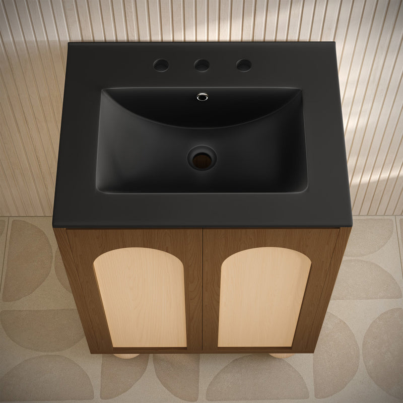 Plaisir II 24" Freestanding Bathroom Vanity in Brown Oak with Black 3-Hole Widespread Sink Top