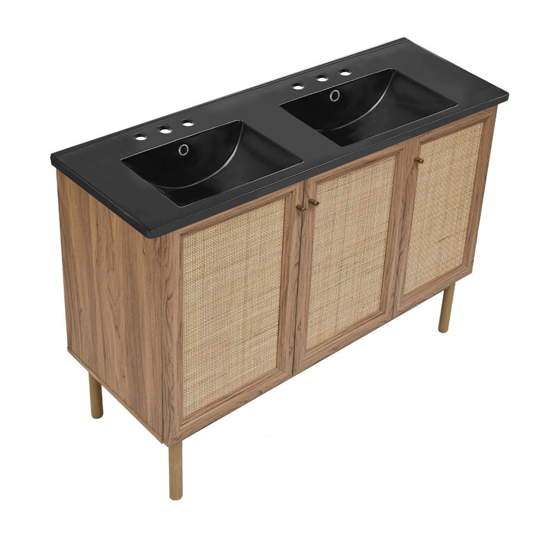 Classe 48 in. Brown Oak, Double Basin Bathroom Vanity With Black, 3-Hole Ceramic Sink Top