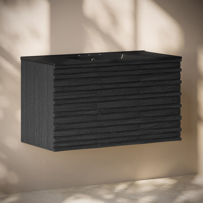 Cascade 36" Wall-Mounted Bathroom Vanity in Black Oak with Black 3-Hole Widespread Sink Top