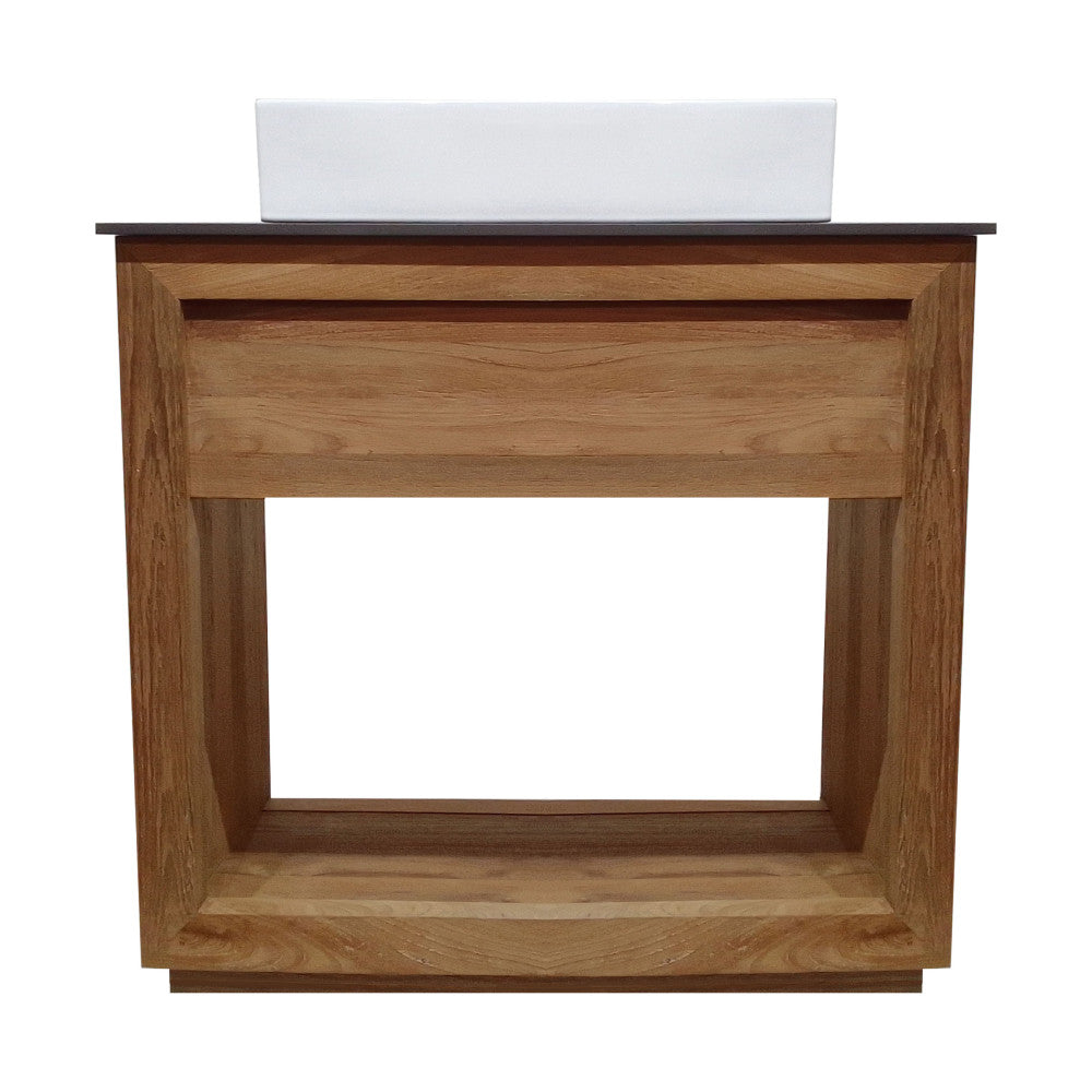 36-inch freestanding bathroom vanity in walnut, reclaimed wood, slate countertop, single hole vessel sink.