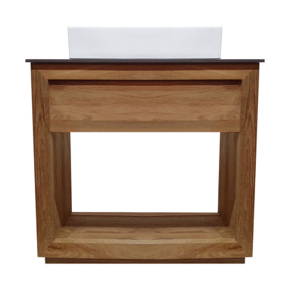 36-inch freestanding bathroom vanity in walnut, reclaimed wood, slate countertop, single hole vessel sink.