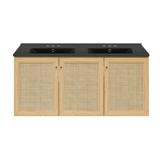 Classe 48" Wall-Mounted Bathroom Vanity in Natural Oak with Black 3-Hole Centerset Double Basin Sink Top