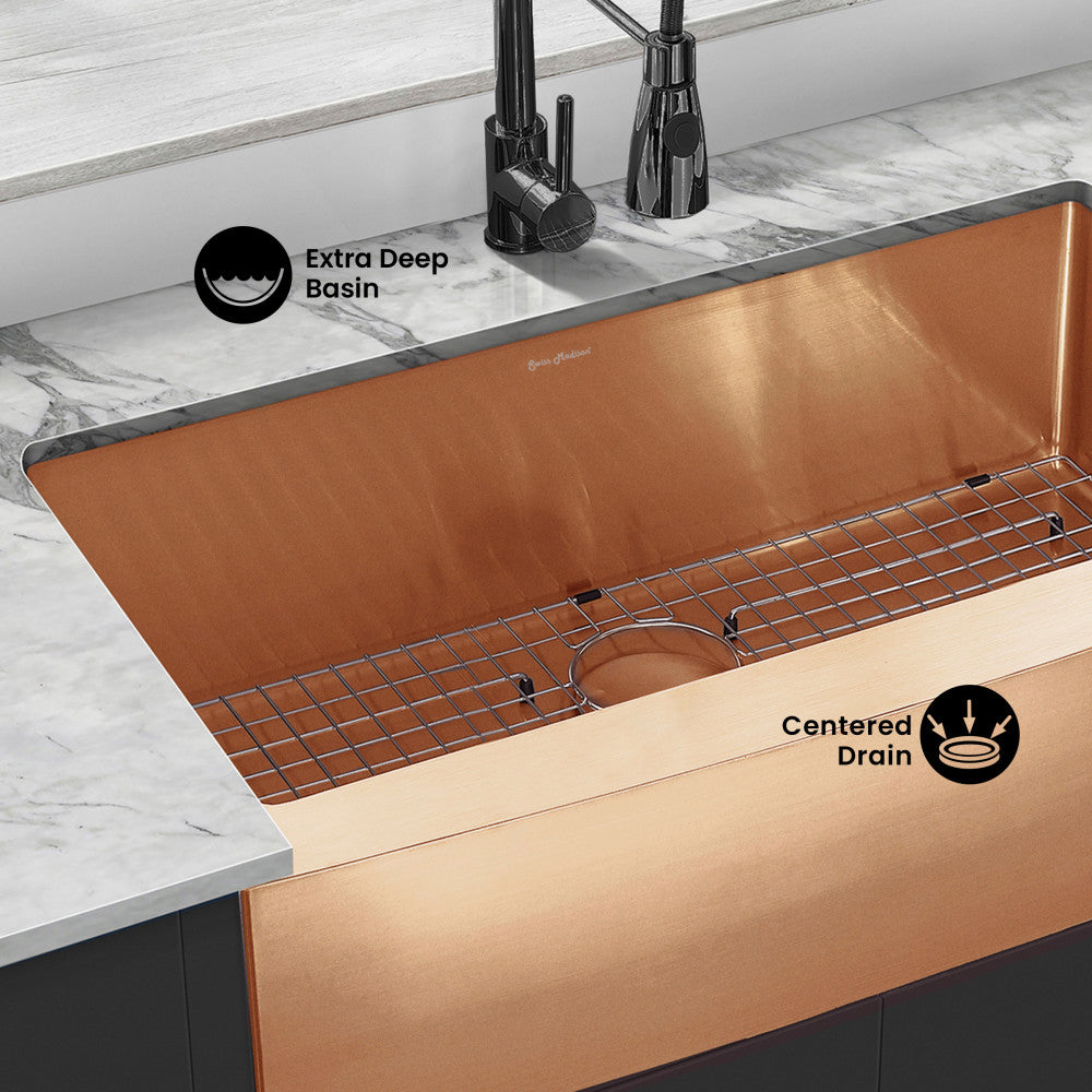 Rivage 36 x 21 Stainless Steel, Single Basin, Farmhouse Kitchen Sink with Apron in Rose Gold