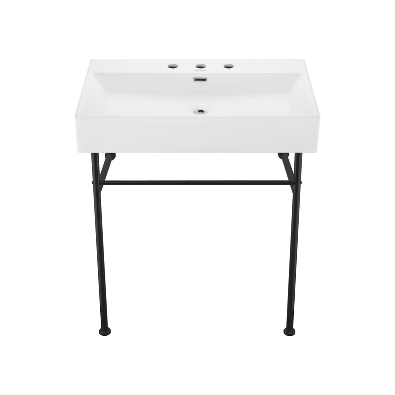 Claire 30" Console Sink White Basin Black Legs with 8" Widespread Holes