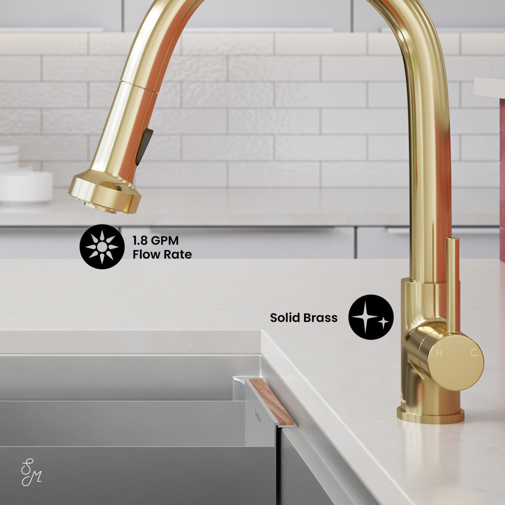 Single handle pull-down kitchen faucet in brushed gold, solid brass construction.
