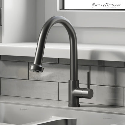 Single handle pull-down kitchen faucet in matte black with curved spout and side lever handle.