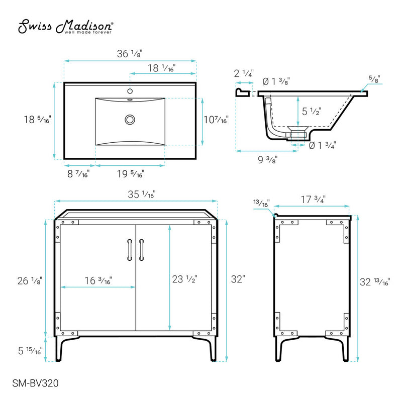 Voltaire 36" Freestanding Bathroom Vanity in White with Sink Top