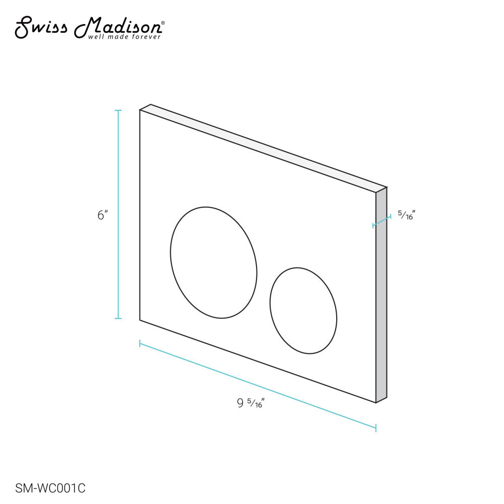 Glossy white rectangular dual flush plate with two circular buttons, wall-mounted design, 9.5 by 6 inches.