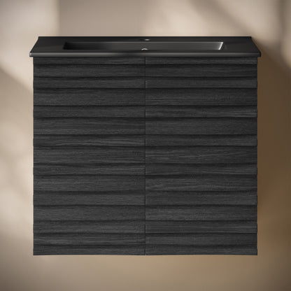 Cascade 24" Wall-Mounted Bathroom Vanity in Black Oak with Black Sink Top