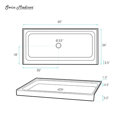 Voltaire 60" x 34" Acrylic White, Single-Threshold, Center Drain, Shower Base