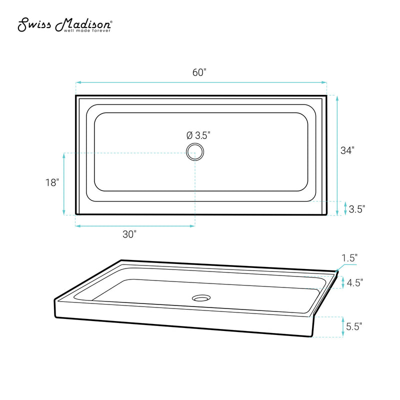 Voltaire 60" x 34" Acrylic White, Single-Threshold, Center Drain, Shower Base