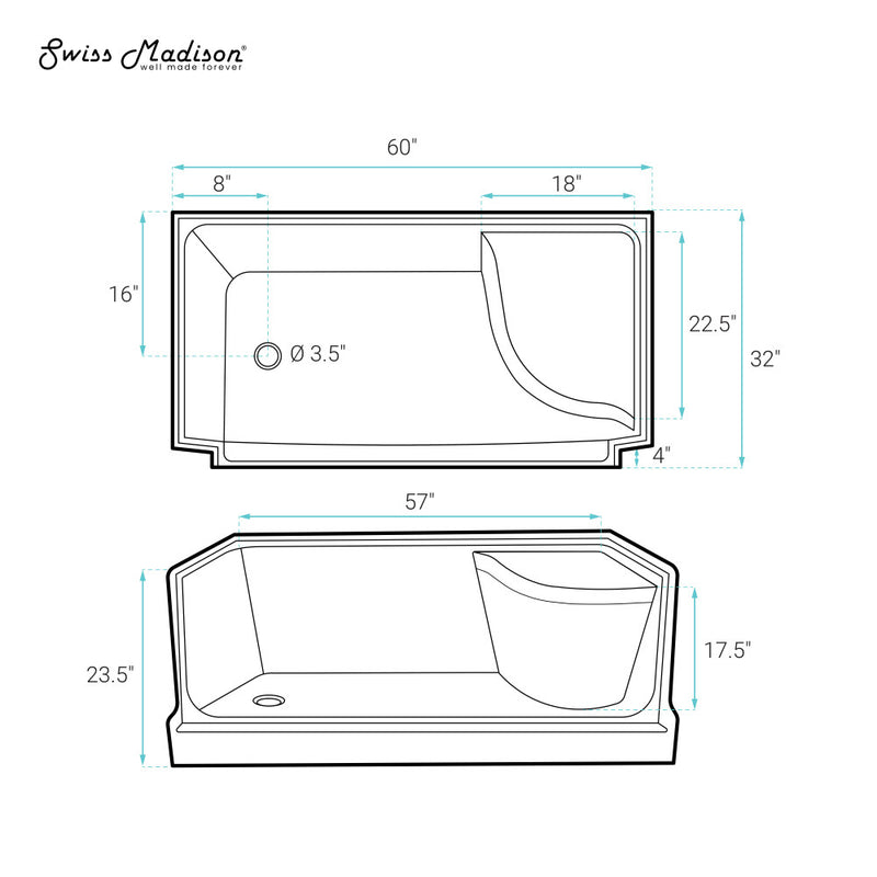 Aquatique 60" x 32" Single Threshold Shower Base With Left Hand Drain and Integral Right Hand Seat in Biscuit