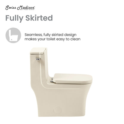 Elongated one-piece toilet in bisque with square left side flush handle and fully skirted design.