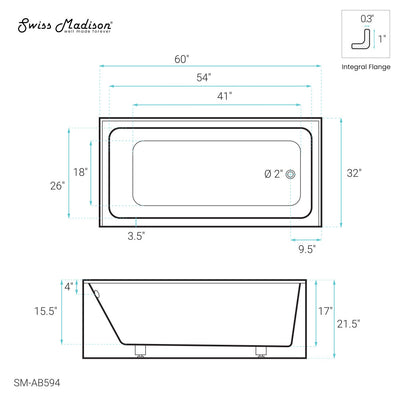 Voltaire 60" x 32" Right-Hand Drain Alcove Bathtub with Apron