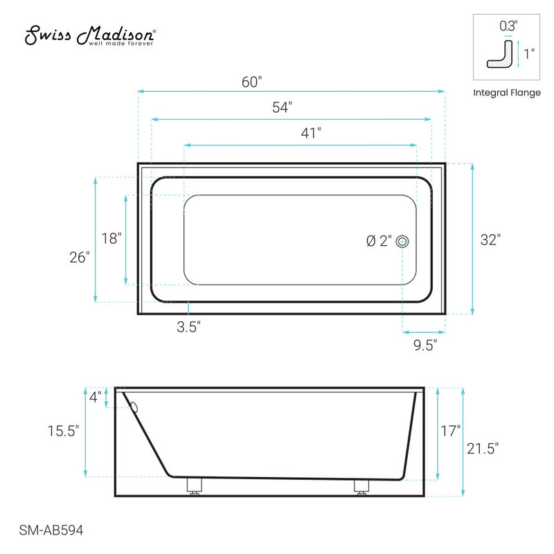 Voltaire 60" x 32" Right-Hand Drain Alcove Bathtub with Apron