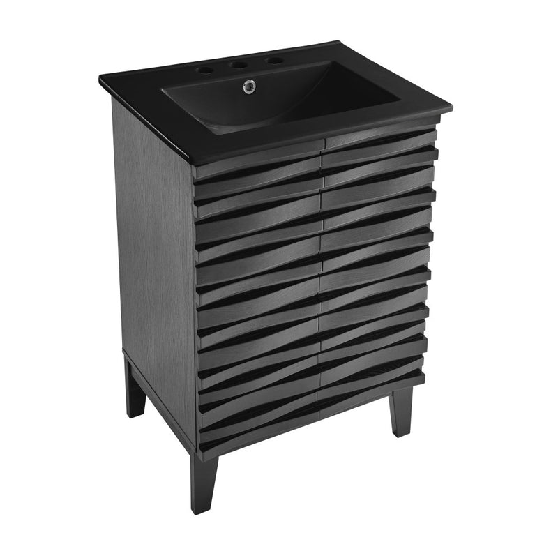Cascade 24 in. Black Oak Bathroom Vanity With Black, 3-Hole Ceramic Sink Top