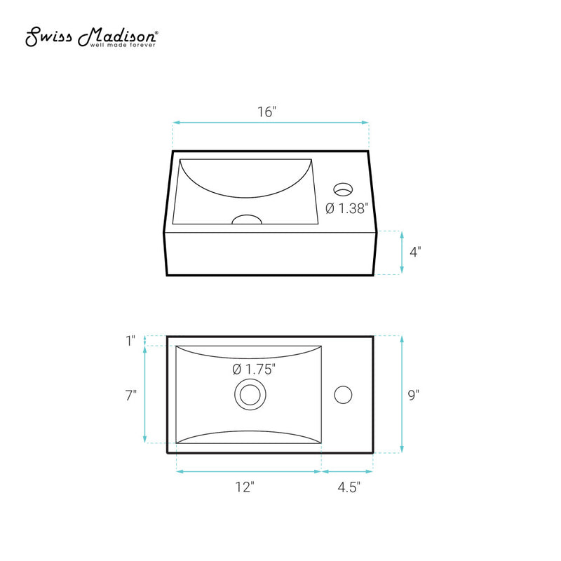 Lisse 16" Concrete Rectangle Wall-Mounted Sink with Right Side Faucet Mount in Matte Terracotta