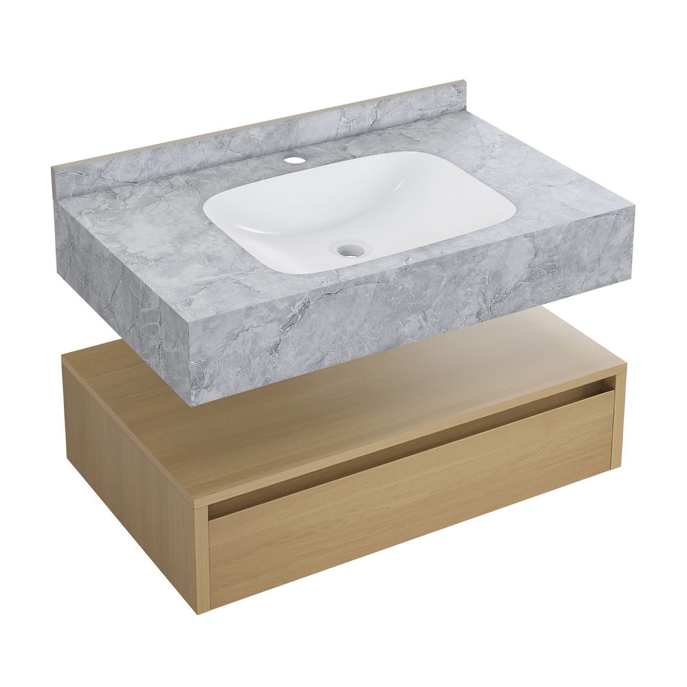 Avancer 36" Wall-Mounted Bathroom Vanity in Natural Oak with Storm Gray Sink Top