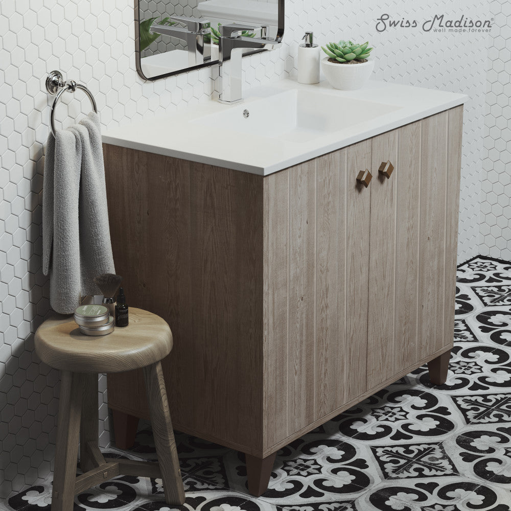 36-inch freestanding gray oak bathroom vanity with single sink and white countertop.