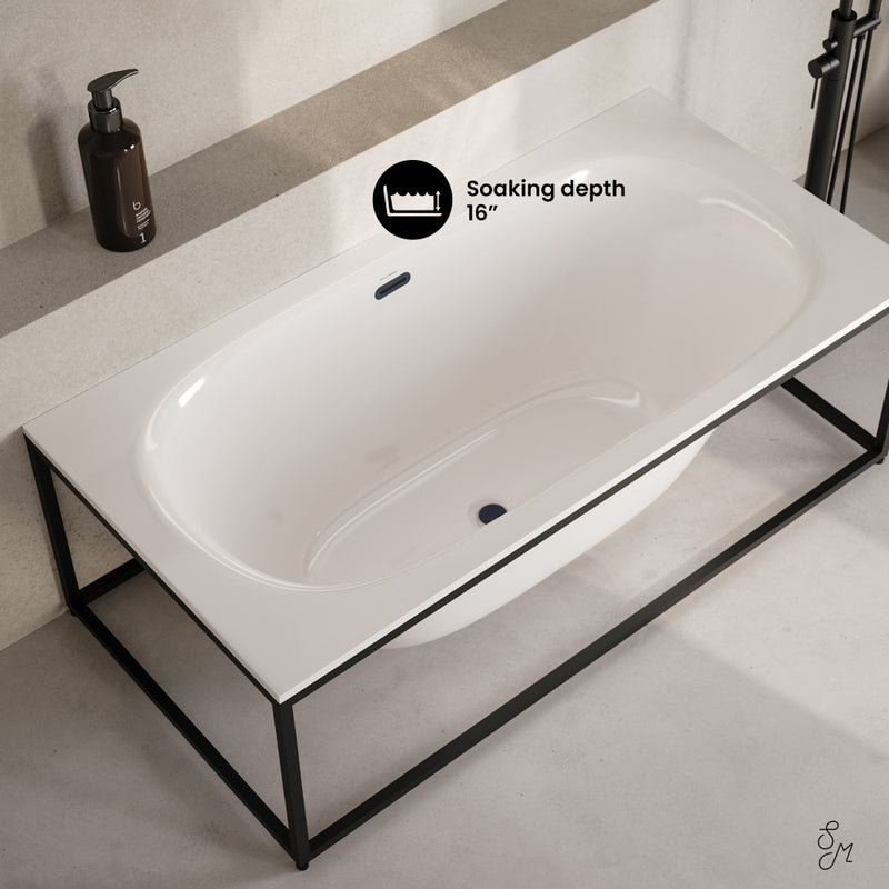 Pierre 60" Soaking Freestanding Bathtub in Glossy White, Black Frame Included