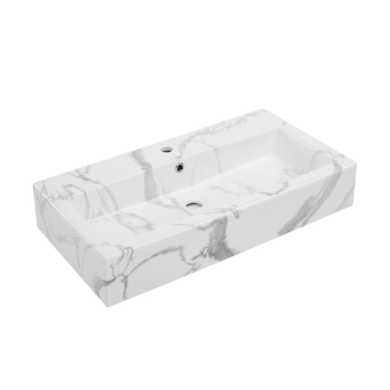 Voltaire Wide Rectangle Vessel Sink in White Marble