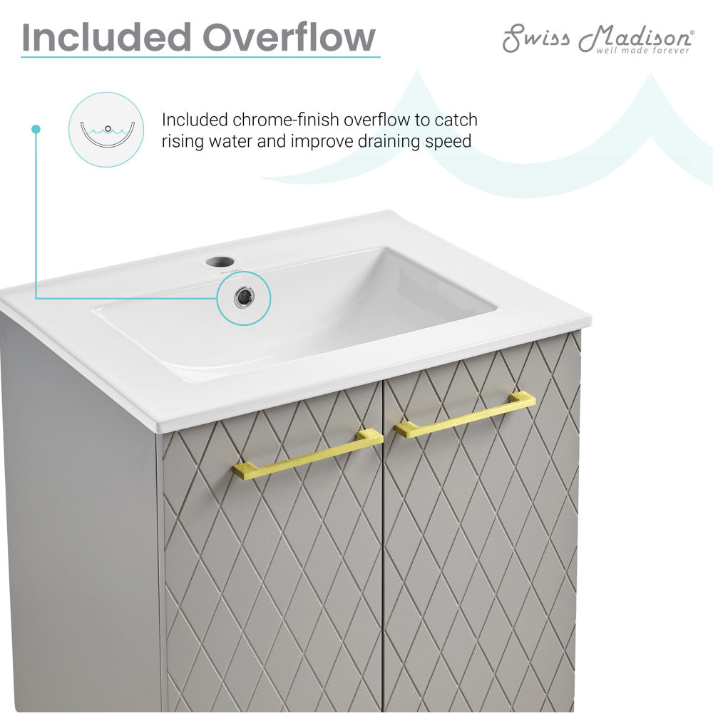 24-inch freestanding diamond gray bathroom vanity with single sink and gold handles, soft-close doors.