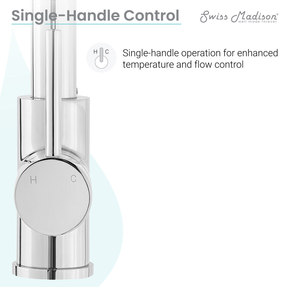 Single-handle kitchen faucet in chrome, pull-down sprayer with temperature and flow control knob.