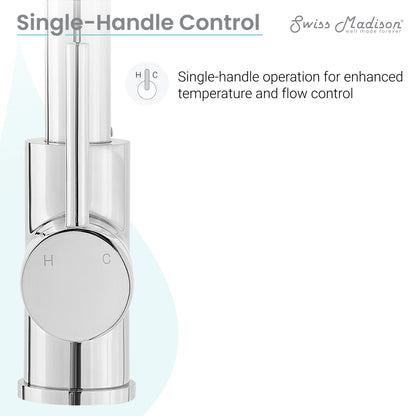 Single-handle kitchen faucet in chrome, pull-down sprayer with temperature and flow control knob.