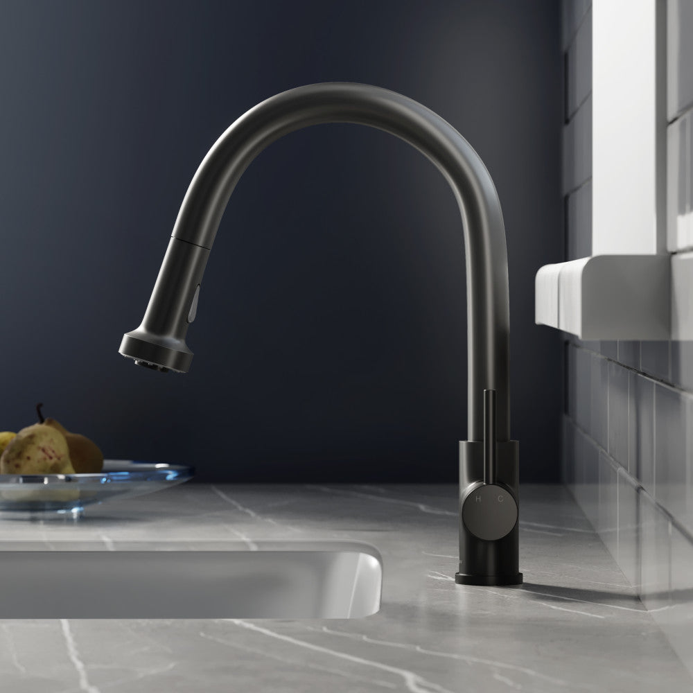 Single-handle pull-down kitchen faucet in matte black with curved spout and round base.