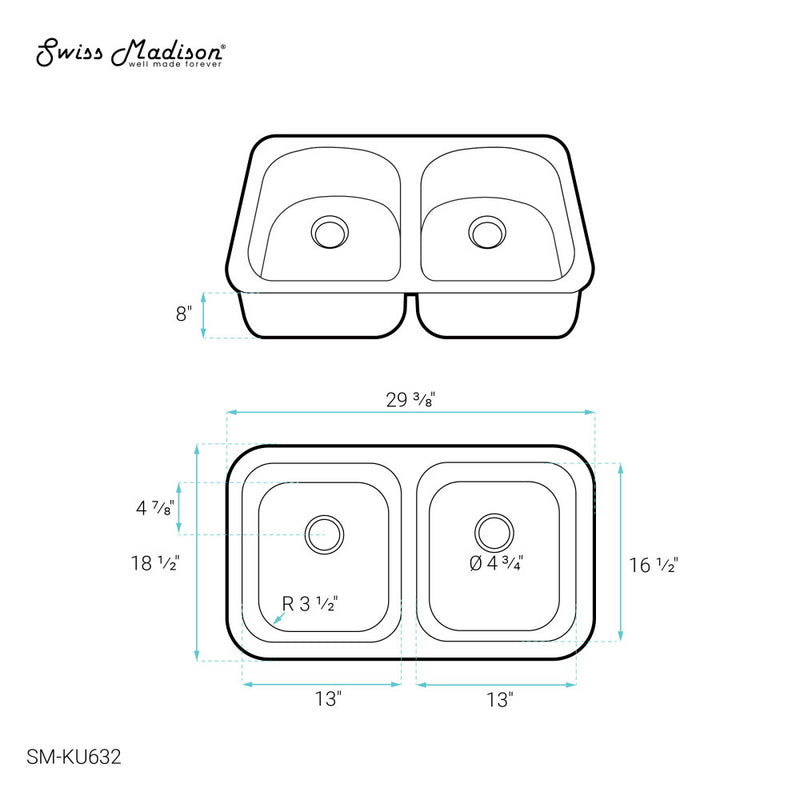 Toulouse 29 x 18 Stainless Steel, Dual Basin, Undermount Kitchen Sink