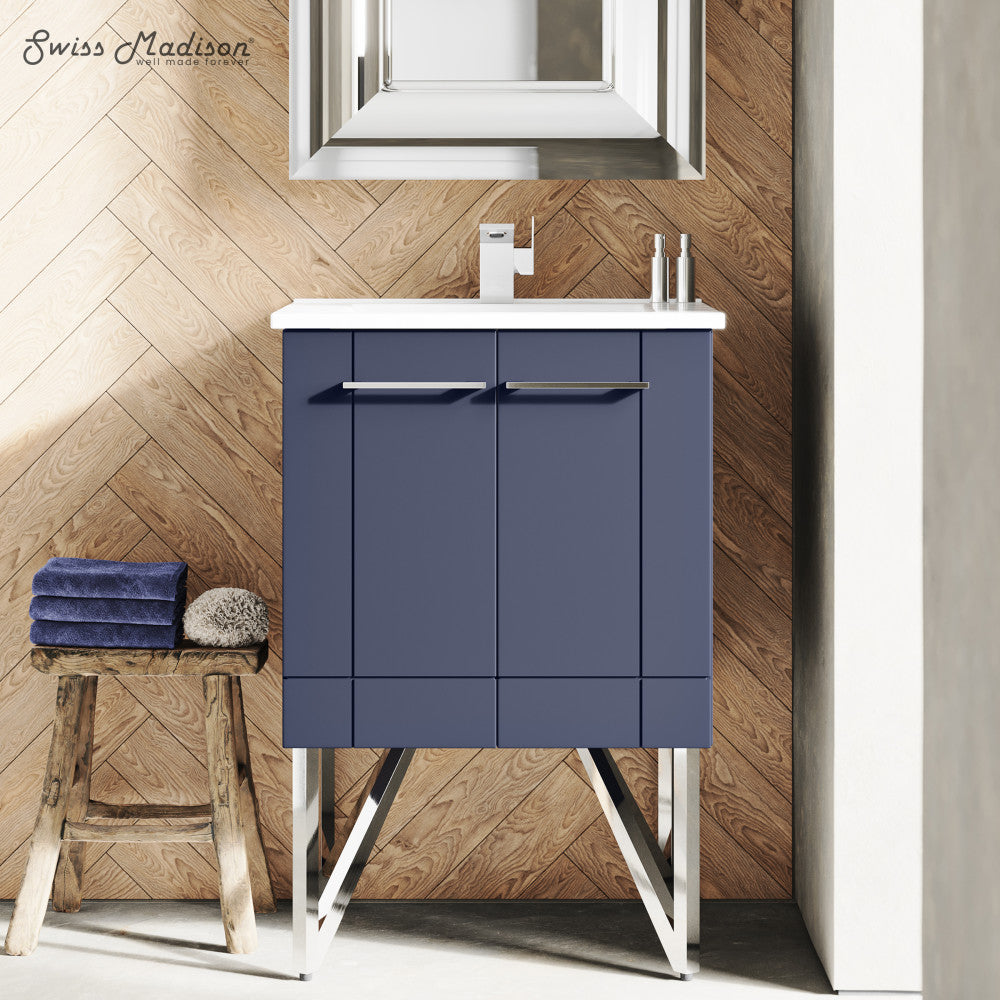 24-inch freestanding purple bathroom vanity with single sink and chrome legs.