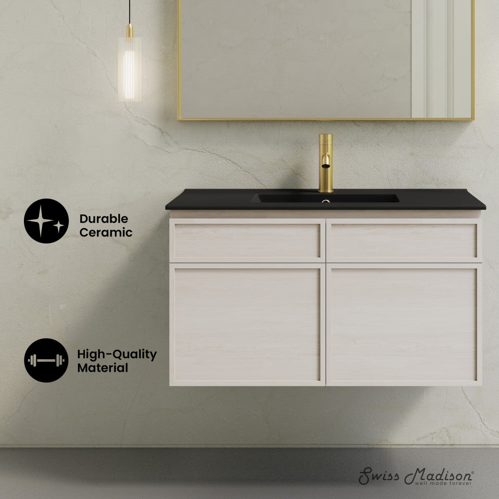 St. Tropez 36" Wall-Mounted Bathroom Vanity in White Oak with Black Sink Top