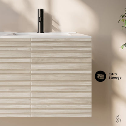 Cascade 48" Wall-Mounted Bathroom Vanity in White Oak with Double Basin Sink Top