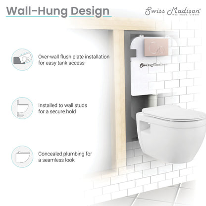 Elongated wall-hung toilet with dual flush and gloss white flush plate, concealed plumbing, over-wall flush installation.