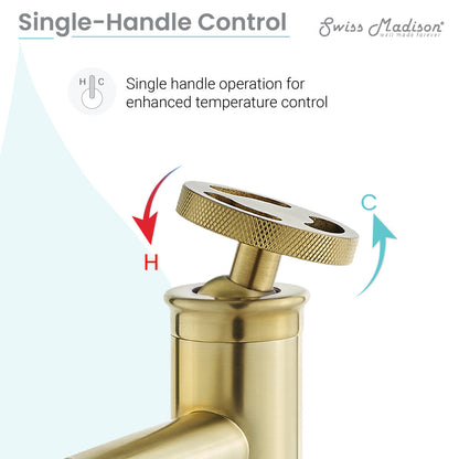 Single-handle bathroom faucet in brushed gold with high arc spout and wheel handle control.