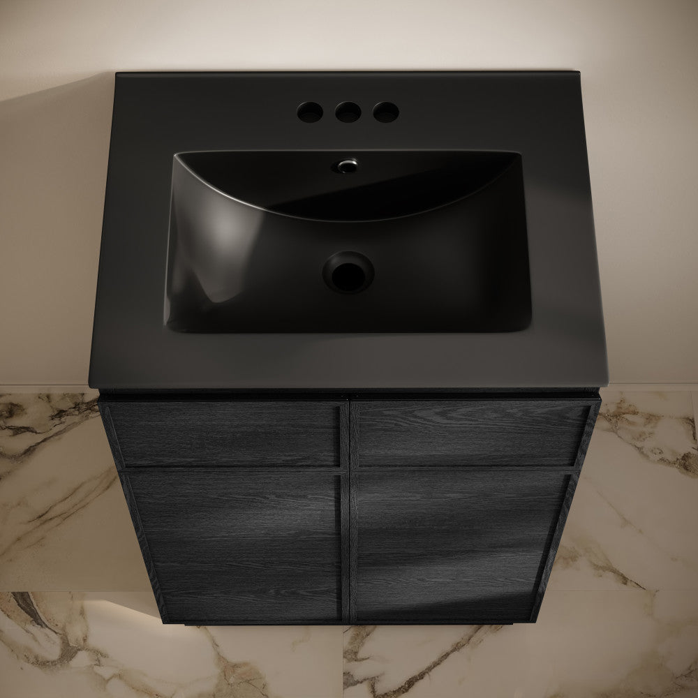 St. Tropez 24" Freestanding Bathroom Vanity in Black Oak with Black 3-Hole Centerset Sink Top