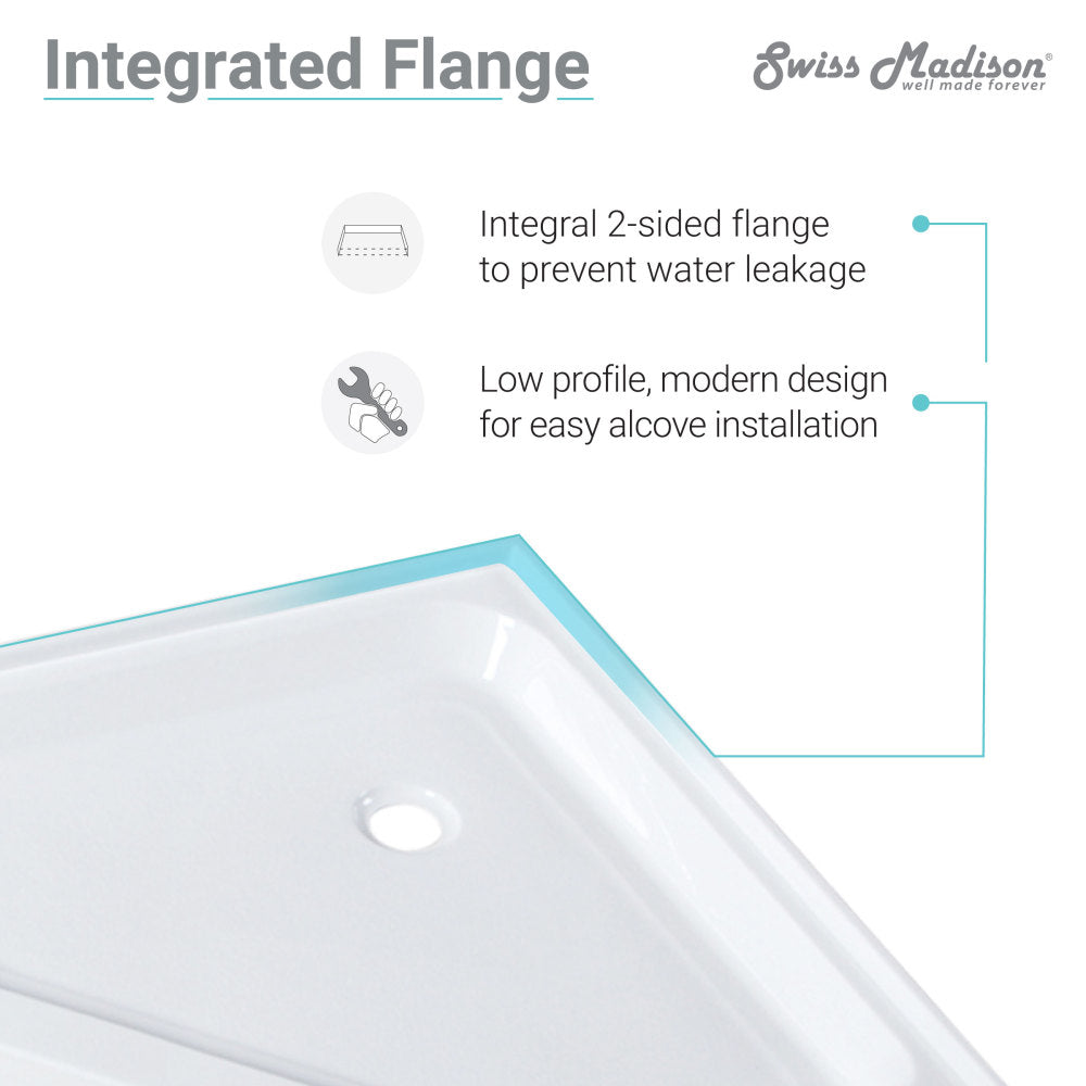 36" x 36" neo-angle acrylic shower base with center drain and integrated flange, white finish.