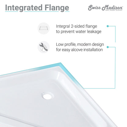 36" x 36" neo-angle acrylic shower base with center drain and integrated flange, white finish.