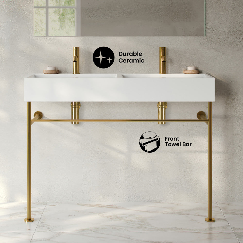 Claire 48" Double Basin Console Sink with Brushed Gold Legs
